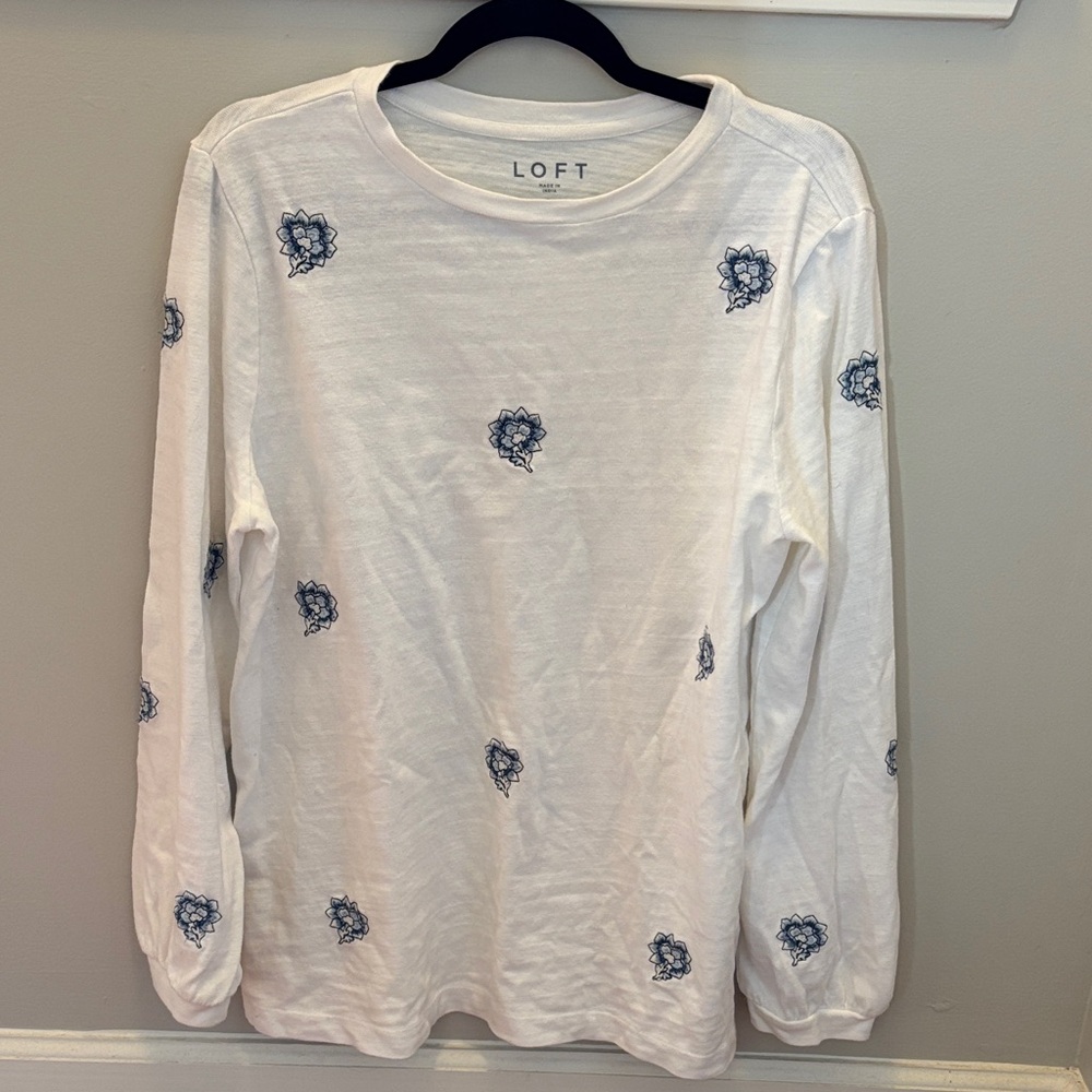 LOFT Ivory Top with Navy Floral Details